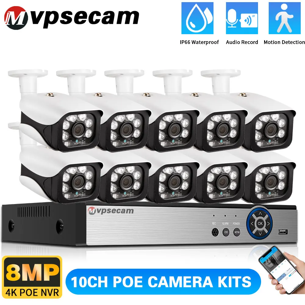 

4K 8MP 8CH Outdoor POE IP CCTV Security Camera System Kit 10CH NVR Metal Waterproof Bullet Camera Video Surveillance System Kit