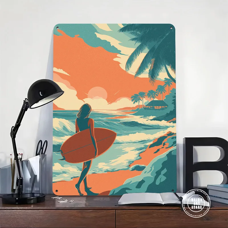 Surfer Girl At Sunset Beach Poster Retro 3D Printed Metal Signs Customized Wall Hanging Gift for Modern Home Decoration Gaming