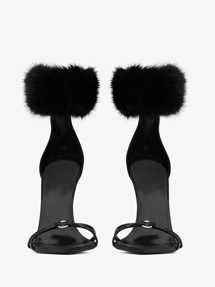 

Mink fur high heels, slim heels, summer new leather, black temperament, fashion party, one-piece sandals for women