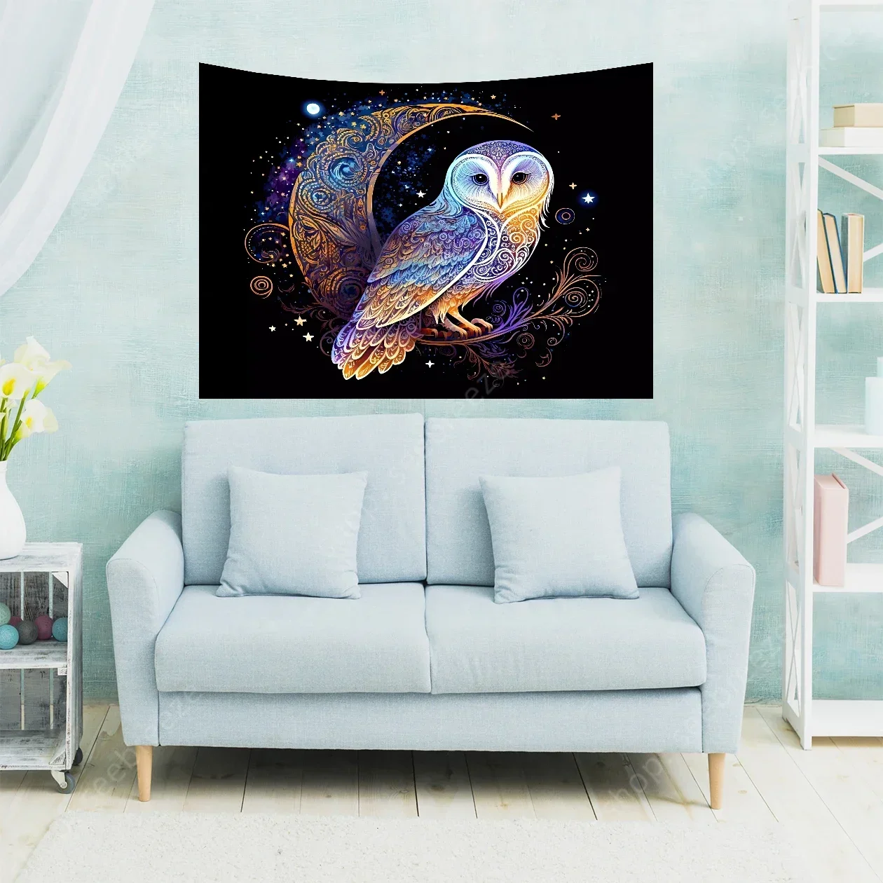 Lunar Owl Wall Tapestry Celestial Aesthetic, Moon Lovers Gift, Witch Wall Art, Ethereal Altar Cloth Trippy Room Decor Aesthetic