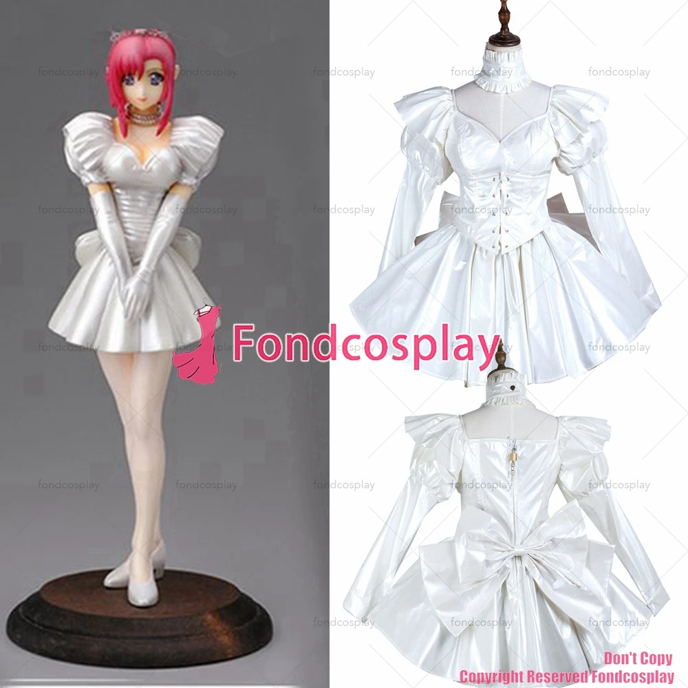 fondcosplay adult sexy cross dressing sissy maid short white leather dress lockable Uniform cosplay costume CD/TV[G3738]