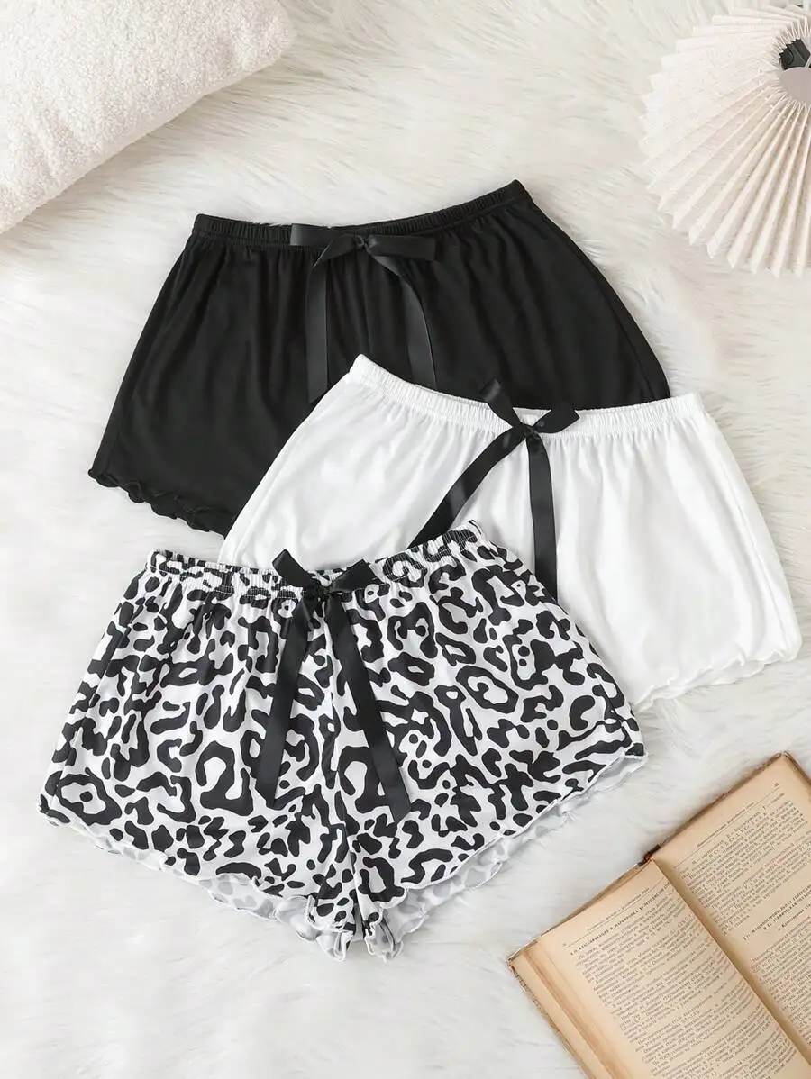 

3-Pack Women's Bow-Trimmed Pajama Shorts Set - Black, White, Leopard Print