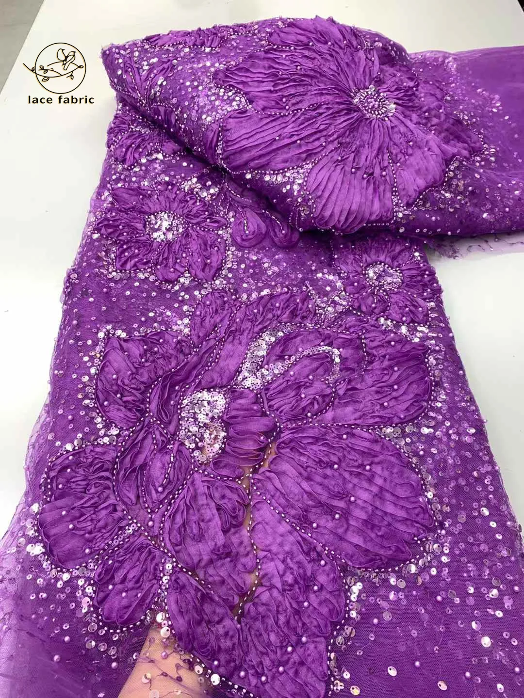 

African 3D Lace Fabric Embroidery Nigerian Sequins Lace Fabric 2025 High Quality Laces Groom Tulle French Lace For Wedding Dress