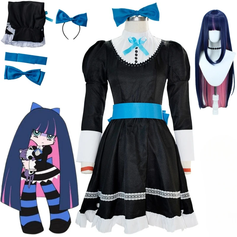 Anime Panty & Stocking with Garterbelt Younger Sister Anarchy Stocking Cosplay Costume Gothic Maid Lolita Dress Wig