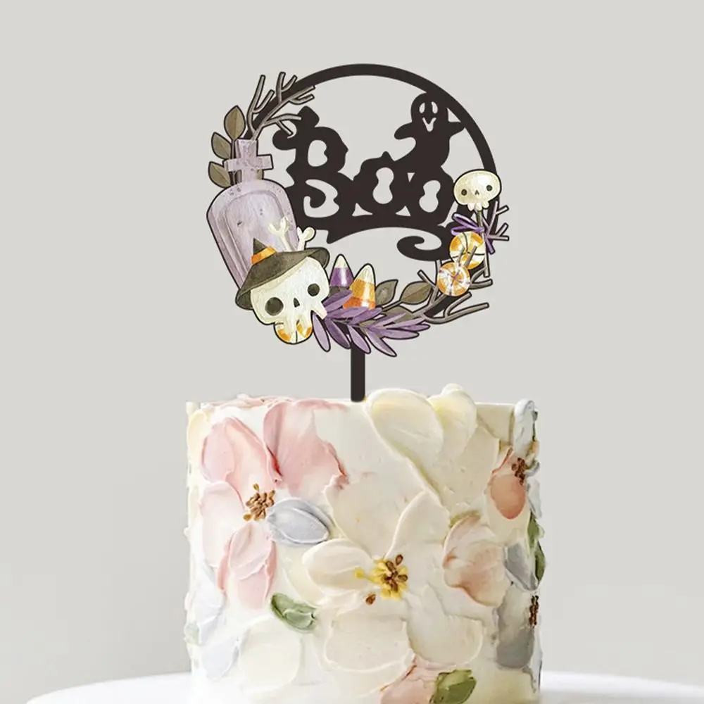 

Acrylic Happy Halloween Cake Toppers Cartoon DIY Bat Pumpkin Cupcake Toppers Bat Pumpkin Ghost Skull Cake Insertion Flag