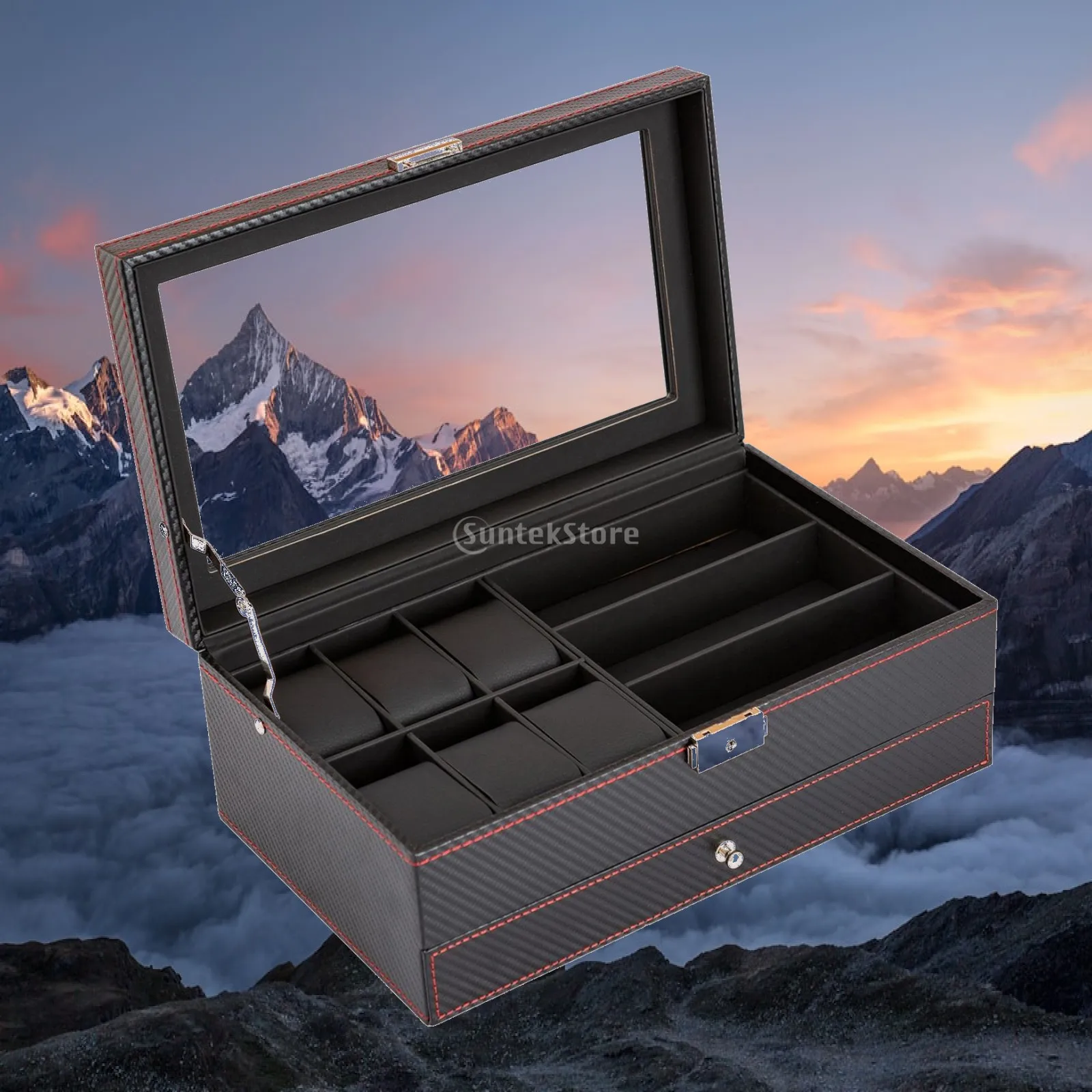 

Watch Organizer Holder with Jewelry Drawer PU Leather 12 Slots Portable Jewelry Display Case for Girls Women Home Decoration