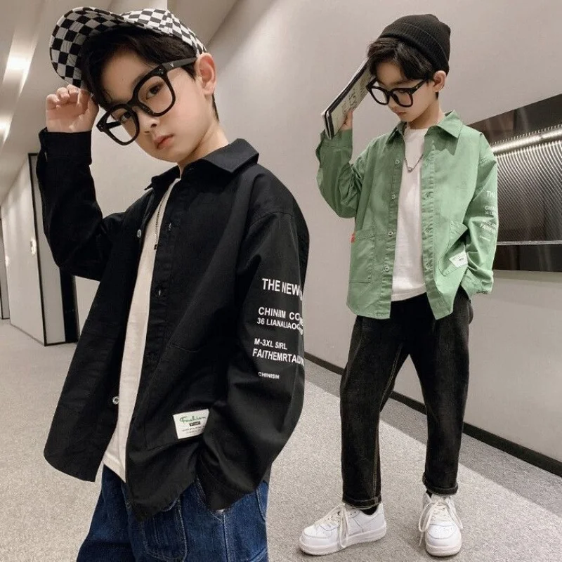 W magazynie chłopięce koszule, topy, kurtki, nowości 2025, duże rozmiary z długimi rękawami, wiosenne ubrania dla dzieci na świeżym powietrzu 5-14T