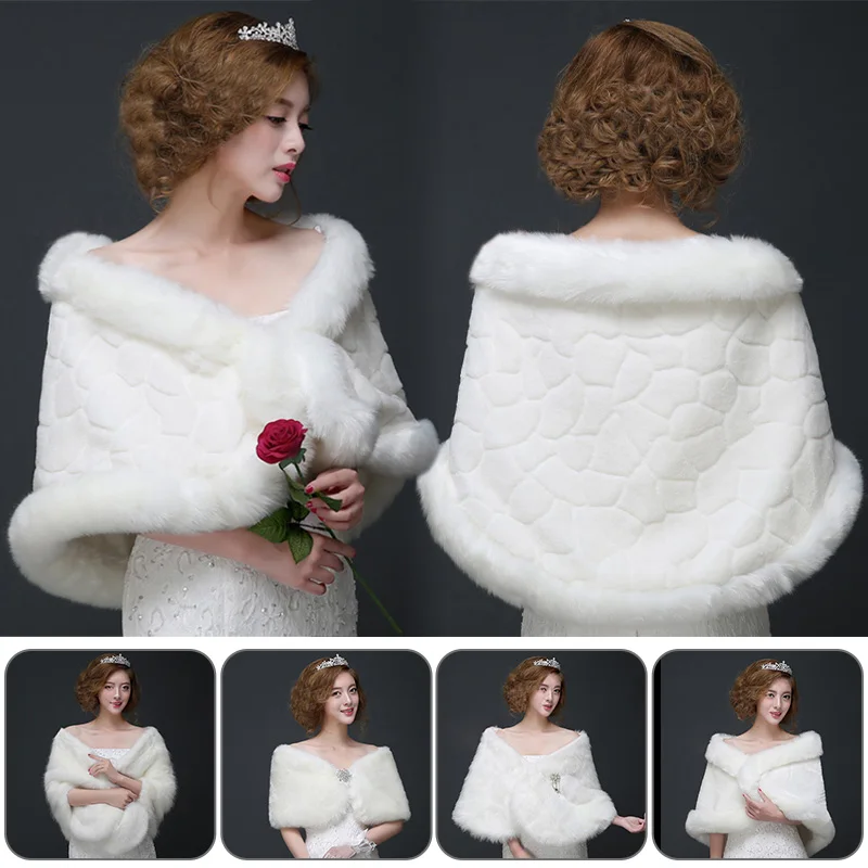 

Women Wedding Cloak Ivory Faux Fur Shawl Bridal Winter Warm Fashion Elegant Bolero Wrap Shawl Bride Jacket Coat Accessories