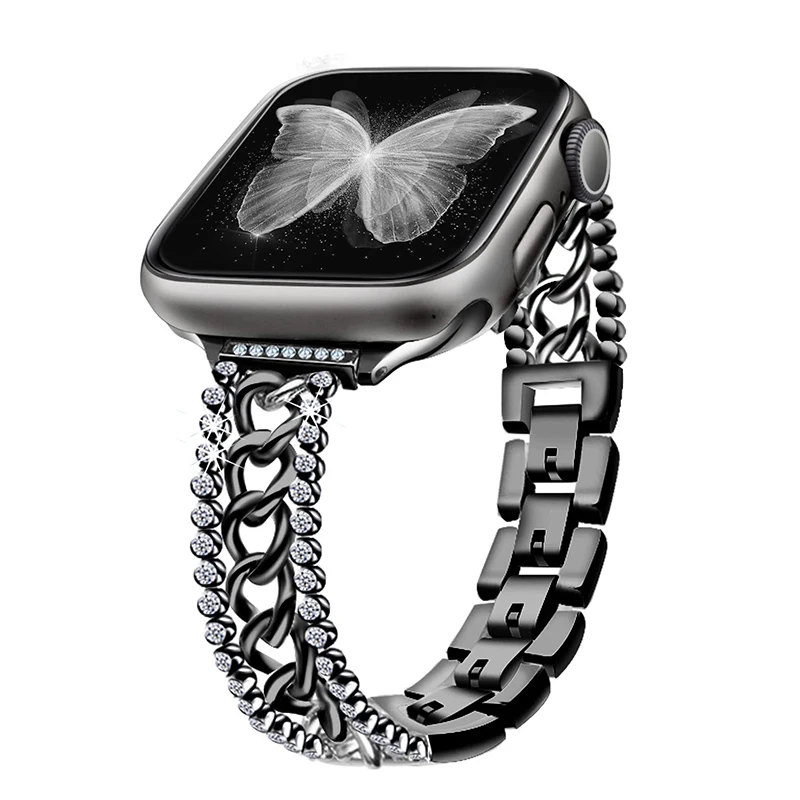 Ketten-Diamantband für Apple Watch 49 mm, 45 mm, 42 mm, 44 mm, 38 mm, 40 mm, 41 mm, Strass-Schlaufenarmband für iWatch Serie 8/7/6/5/4/3/2/1/SE