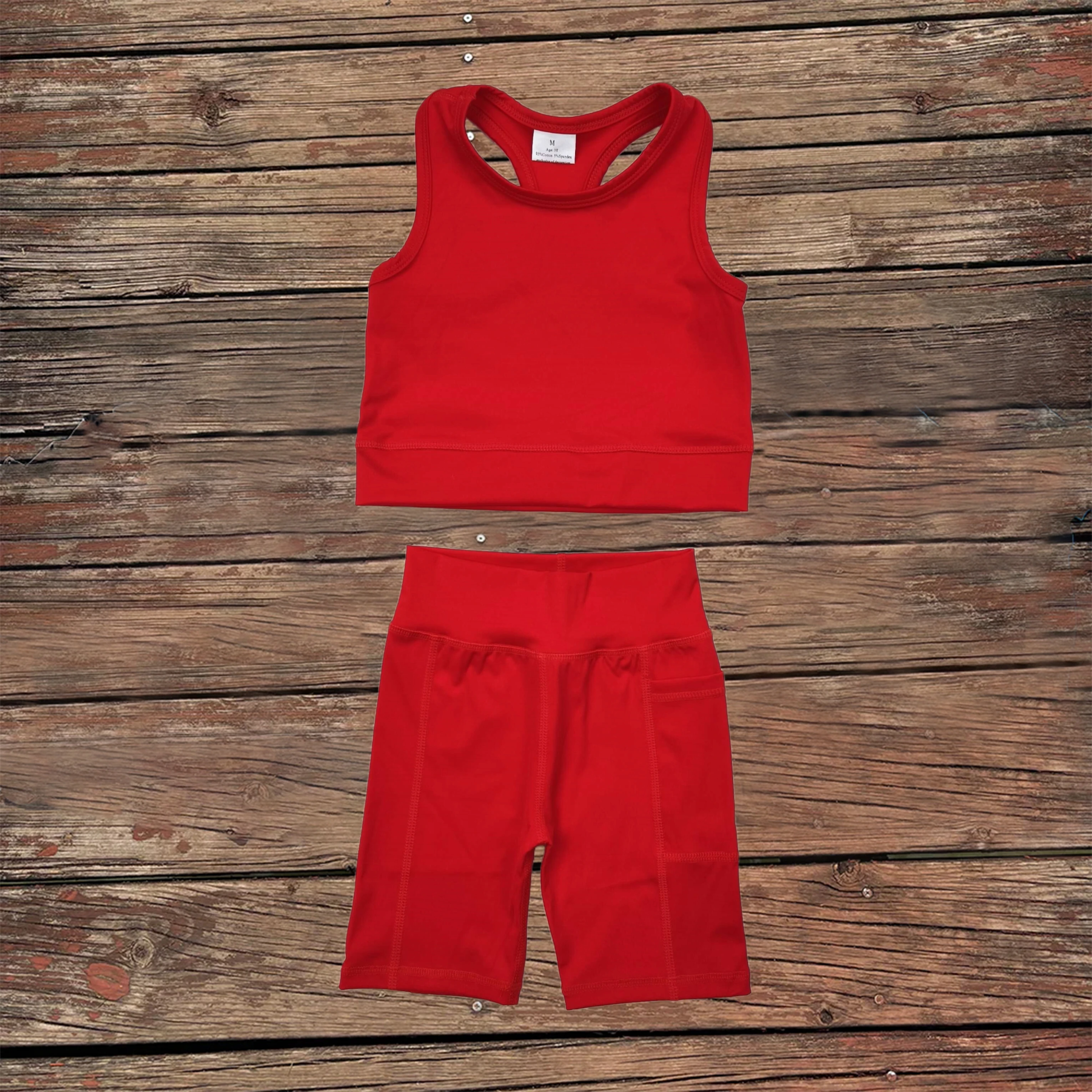 

Wholesale Baby Girl Clothes Sleeveless Red Vest Top Pocket Sports Shorts Infant Toddler Athletic Active Wear Kids Sportswear Set