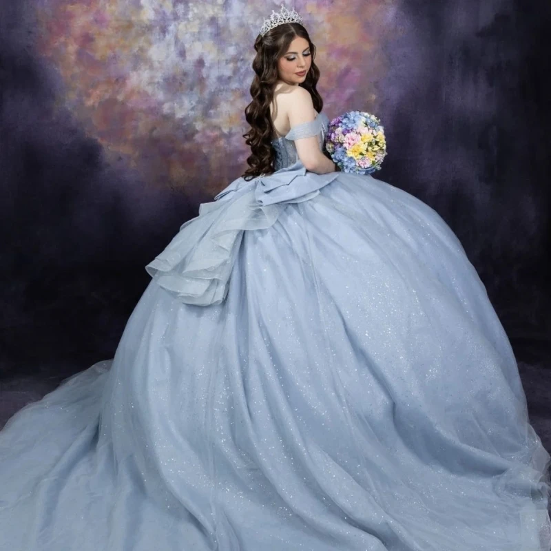 파란색 반짝이는 킨세아녜라 드레스, 오프숄더 비딩 크리스탈 리본 튤 파티 생일 스위트 16 드레스, 베스티도스 15 데 아뇨스