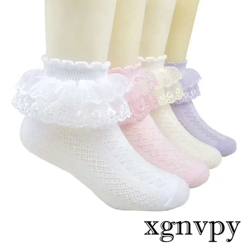 

Xgnvpy Girls Lace Socks Spring and Autumn Thin Summer Mesh Elementary School White Dance Children Lace Princess Socks