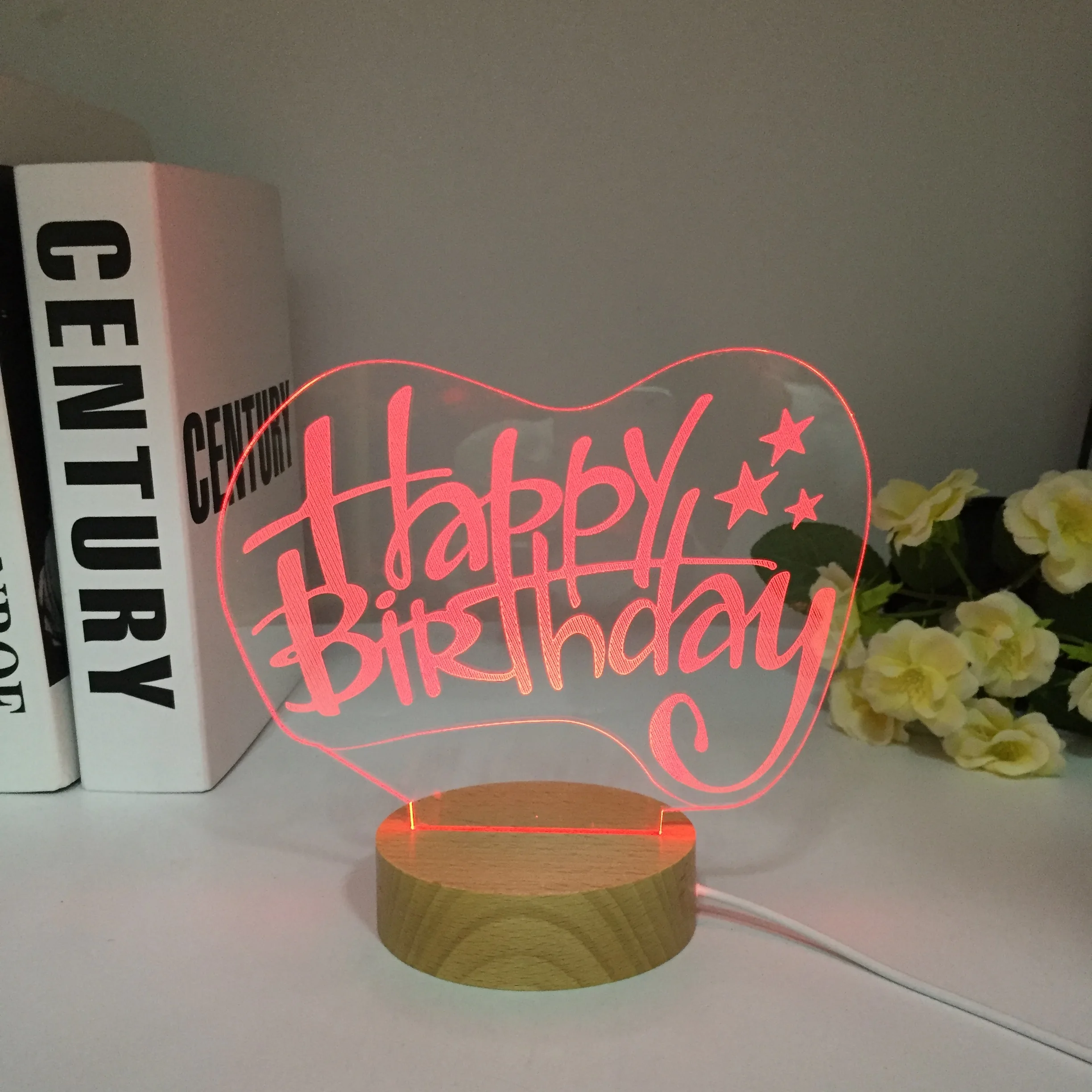 Happy Birthday 3D Lamp Heart-shaped Balloon Acrylic LED Night Light Decorative Table Lamp Valentine's Day Sweetheart Wife's Gift