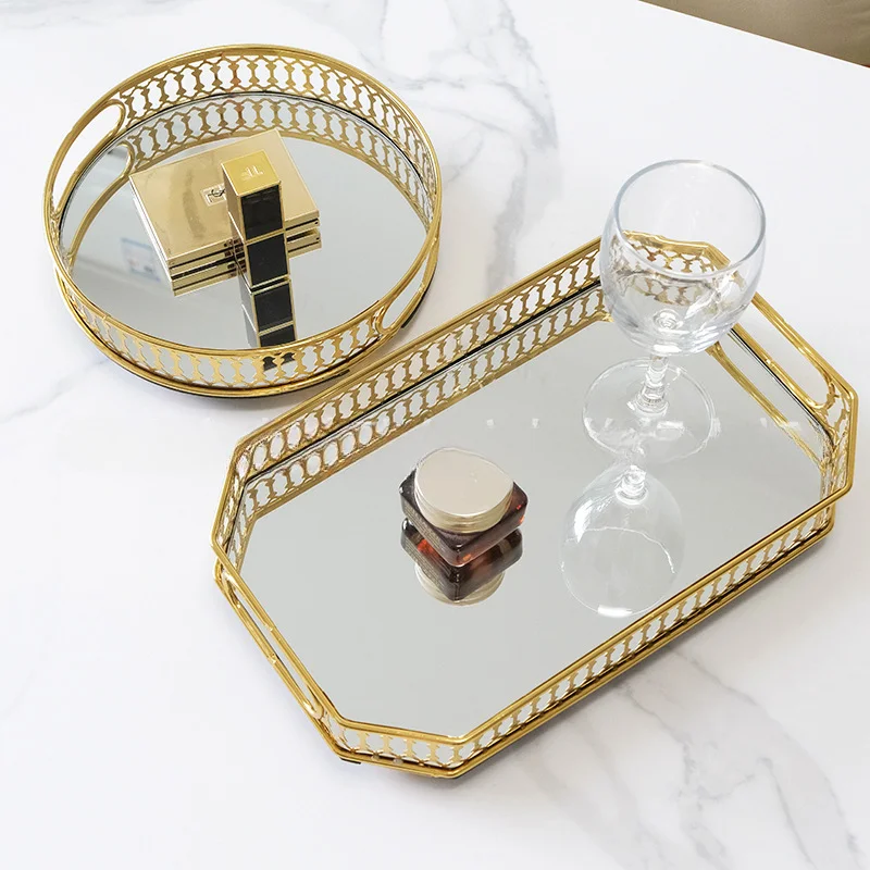 Light Luxury Glass Mirror Tray Metal Storage Living Room Coffee Table Water Cup Tea Tray Model Room Decoration Fruit Plate