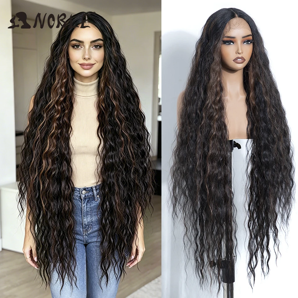 Noble 42 Inch Extra Long Water Wave Synthetic Lace Front Wig Ombre Brown Highlight Glueless Heat Resistant Curly Wig For Women