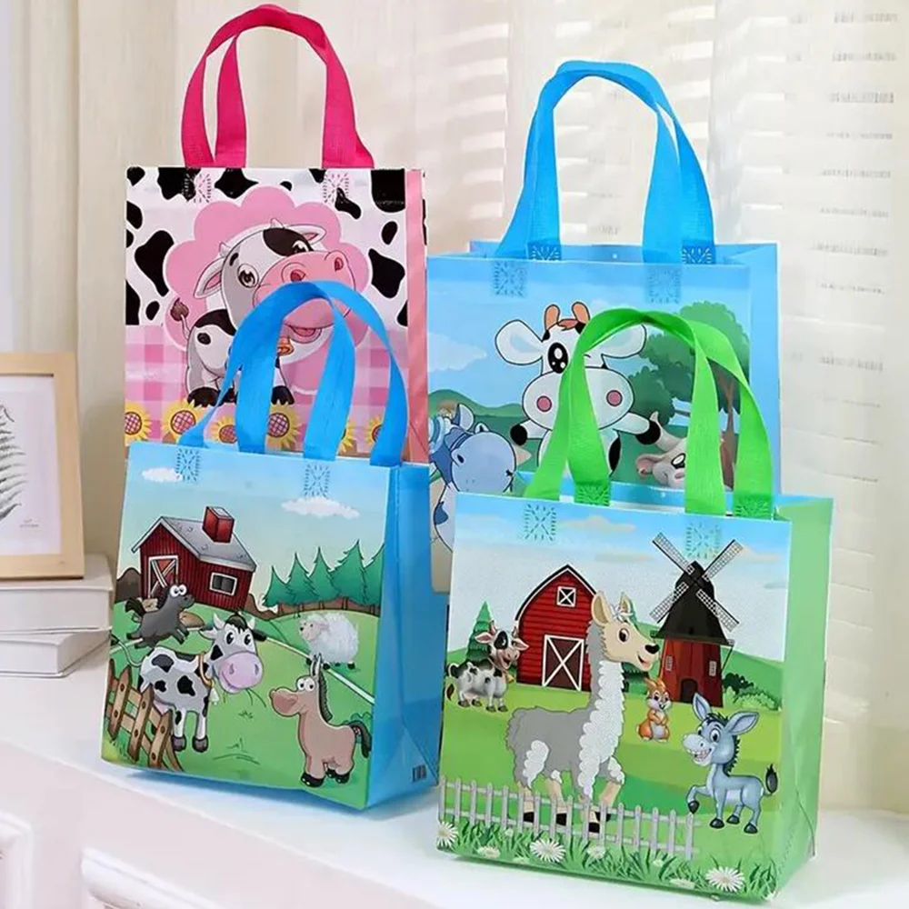 

3 Pcs Farm Animal Party Gift Bags with Handles Non Woven Farm Goodie Candy Treat Bags Reusable Barnyard Yard Pink Cow Tote Bag