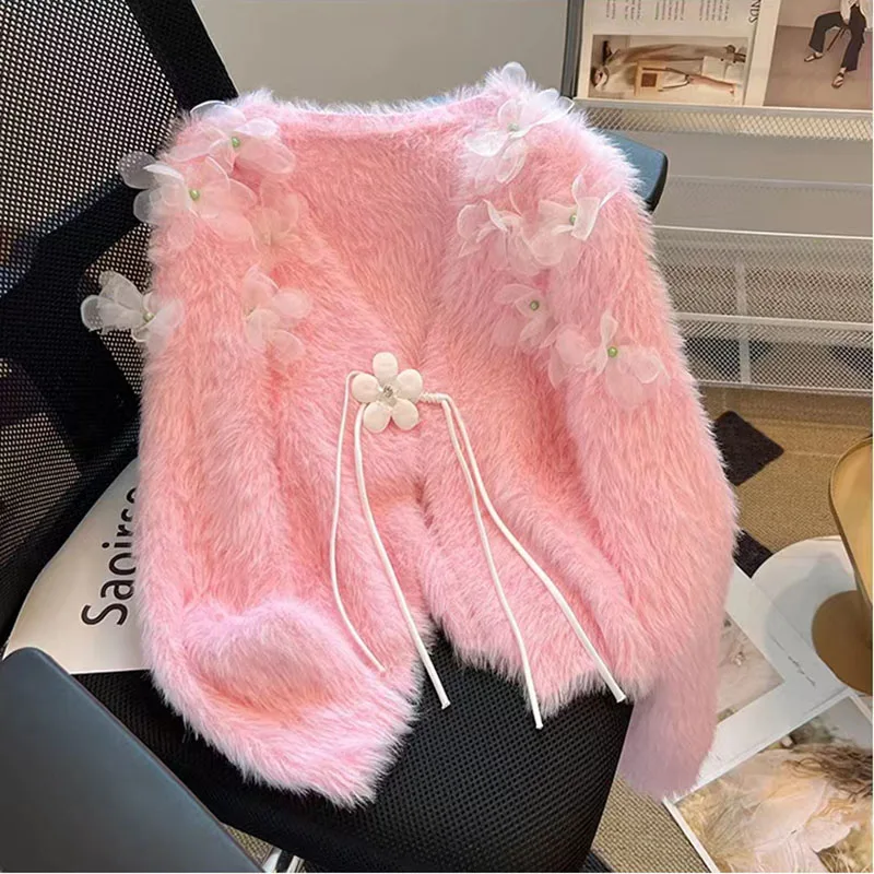 

2025 Women's Mink Velvet Knitted Sweater Cardigan Jacket Autumn Chic Sweet Flower Sweater Top Soft Waxy Long Sleeve V-Neck Coat