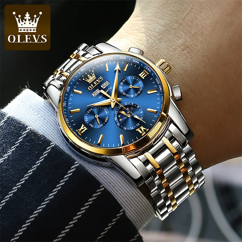 OLEVS Top Brand Luxury Moon Phase Automatic Men's Watches Luminous Date Mechanical Watch Men Waterproof Sport Wristwatch Reloj