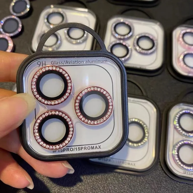 3-2 قطعة حامي الكاميرا الماس الفاخرة آيفون 17 16 15 14 13 برو ماكس زائد بريق حلقة عدسة الزجاج الخلفي غطاء العدسة غطاء لامع