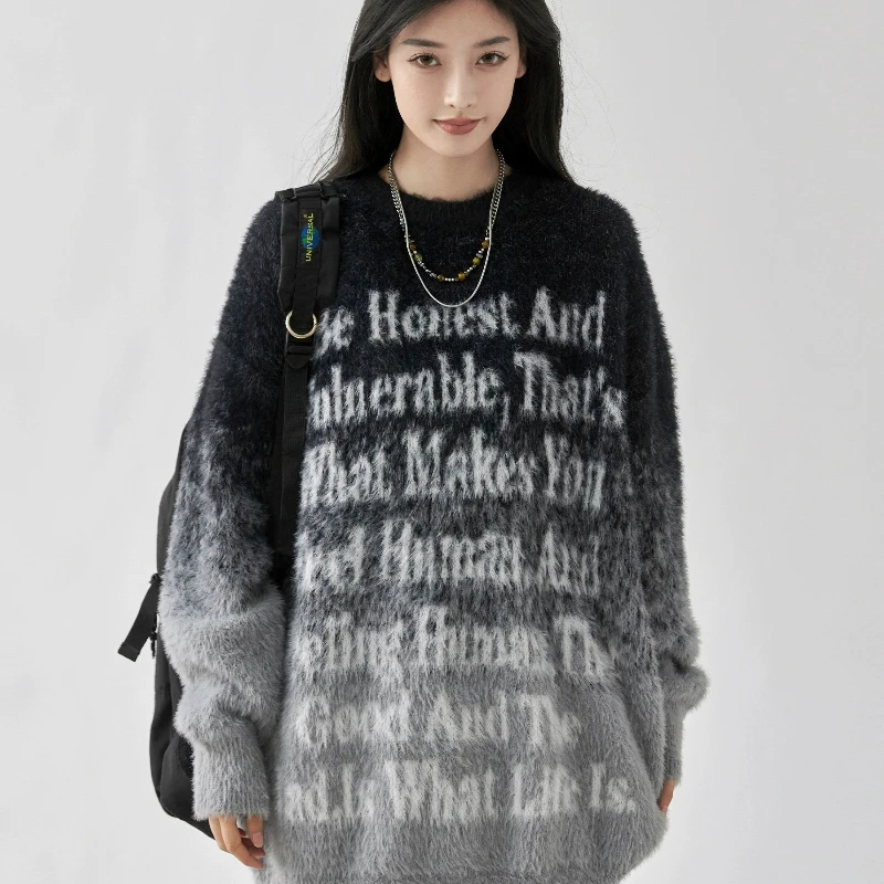 Gradiënt Trui Vrouwen 2024 Herfst Winter Warm Oversized Pullover Streetwear Y 2K Letters Lange Mouw Top Dameskleding