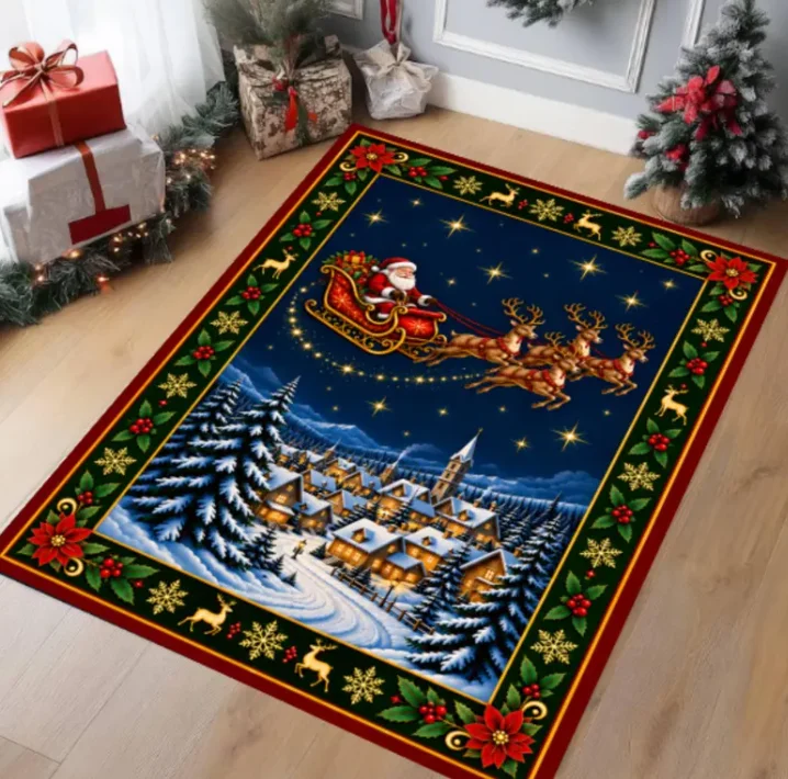 Santa Sleigh Christmas Rug, Reindeer Holiday Decor, Washable Non-Slip Carpet
