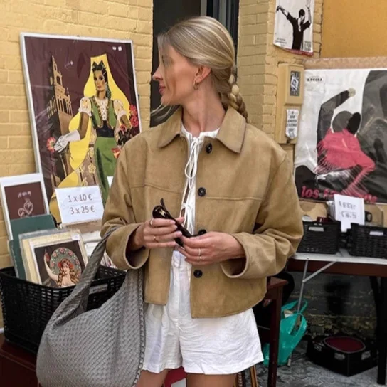 

Suede Jacket For Women's Autumn Winter Street Vintage Casual Pockets Coat Solid Lapel Long Sleeve Fashion Short Jackets