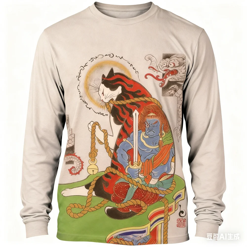春秋カジュアルOネックルーズ長袖トップス日本武士猫プリントメンズTシャツヒップホップトレンドTシャツy2k服