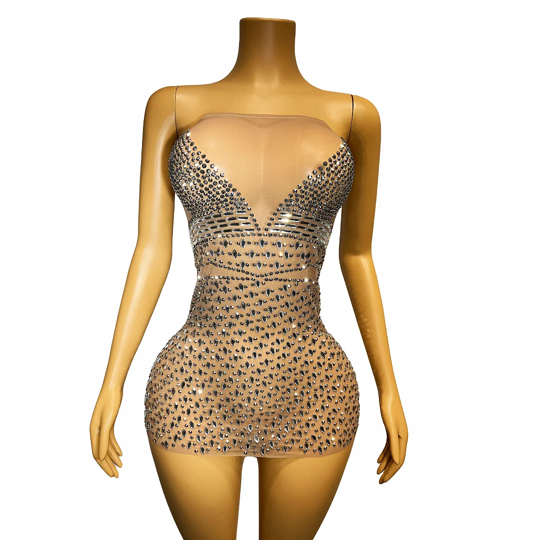 Minivestido Sexy de malla marrón transparente con diamantes de imitación plateados brillantes, traje elástico para Celebración de cumpleaños, niujiao