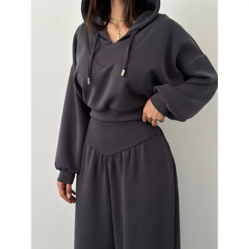 European American Spring Autumn New Casual Set Women's Wear V-neck Hooded Long-sleeved Top Cinched Waist Long Pants Two Pieces