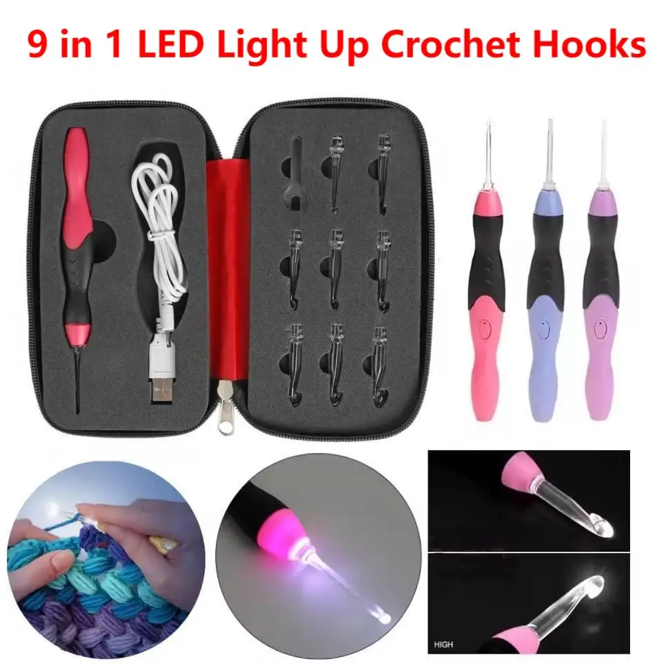 9 in 1 USB Light Up Crochet Hooks Knitting Needles Interchangeable Heads LED Luminous Sewing Tools Set DIY Weaving Accessories