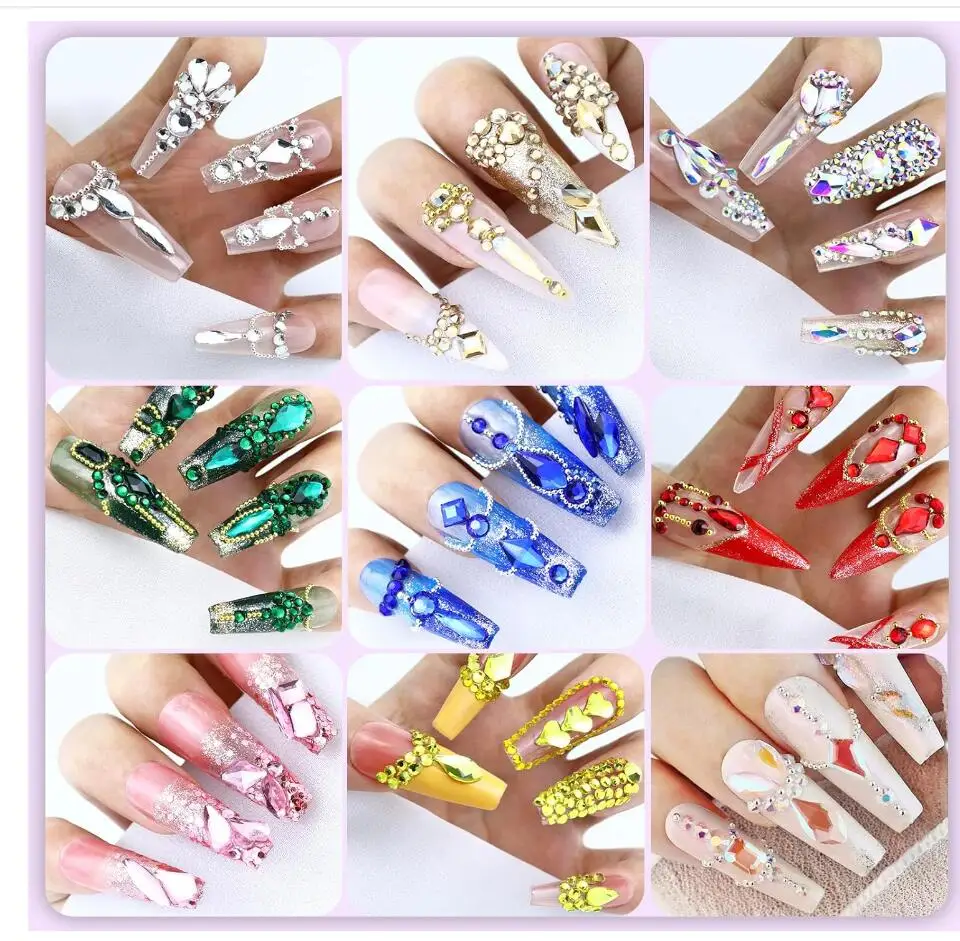 12Grids(400-500Pcs)3D Mixed-shapes Glass Crystal Nail Art Rhinetsone Shiny Red/Blue/Clear Nail Crystal DIY Flat-Bottom Diamond