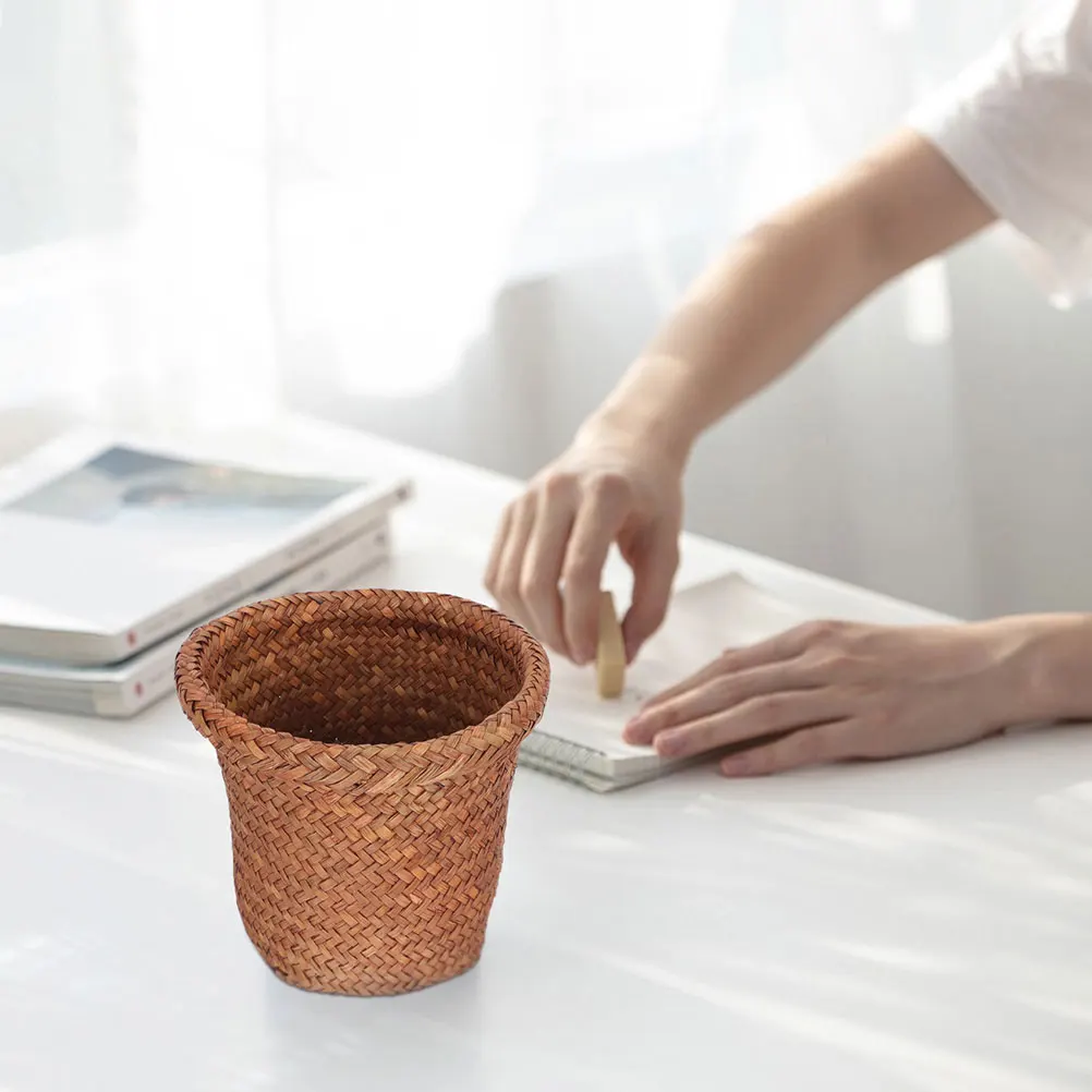 

Woven Trash Can Floor Basket Room Waste Bin Coffee Office Bedroom Storage Container Household Decor