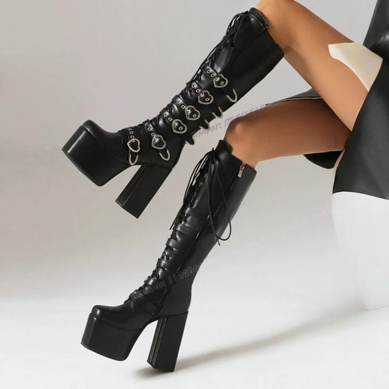 

Black Heartshape Buckle Cross Tied Boots Knee High Platform Shoes for Women Chunky High Heels Shoes 2023 Zapatos Para Mujere