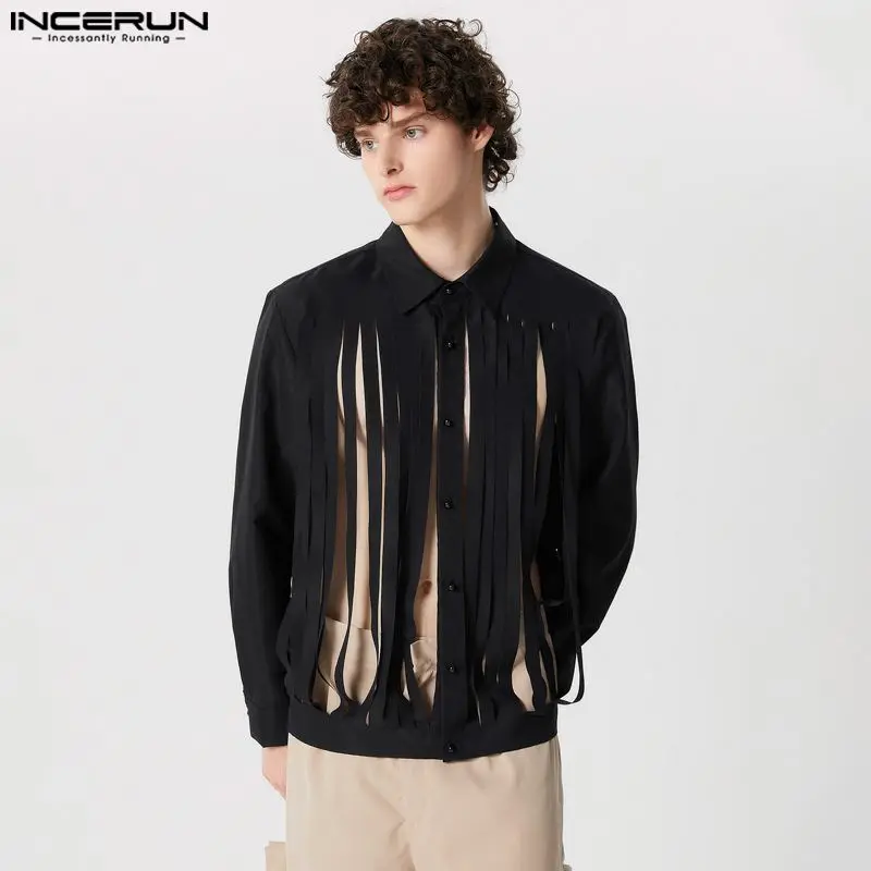 

Casual Stylish Style Tops INCERUN 2024 Mens Solid Tassel Design Shirts Fashion Clubwear Hot Sale Long Sleeved Lapel Blouse S-5XL