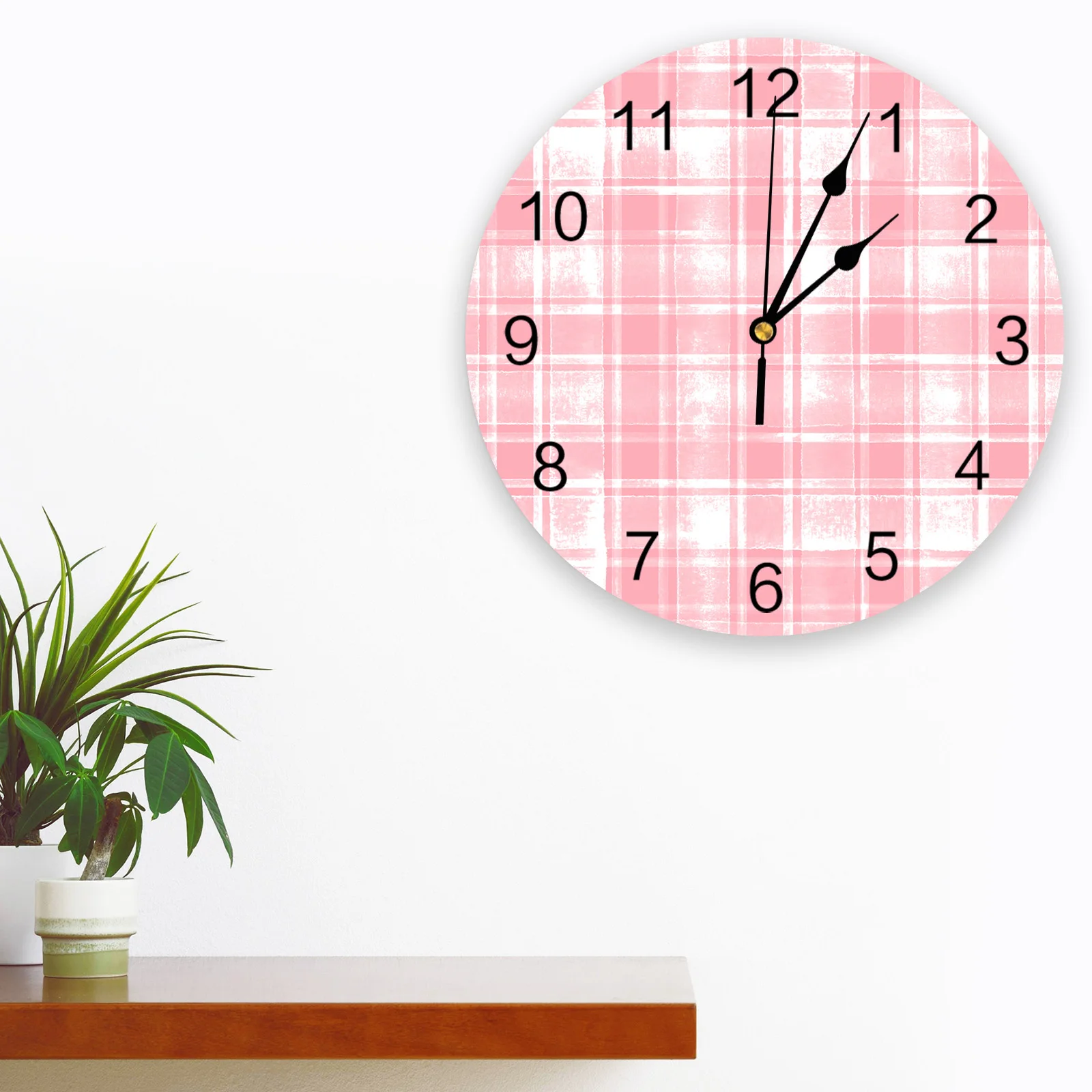 Pink Watercolor Mottled Checkered Plaid Printed Wall Clock Modern Silent Clock Living Room Home Decor Wall Hanging Watch