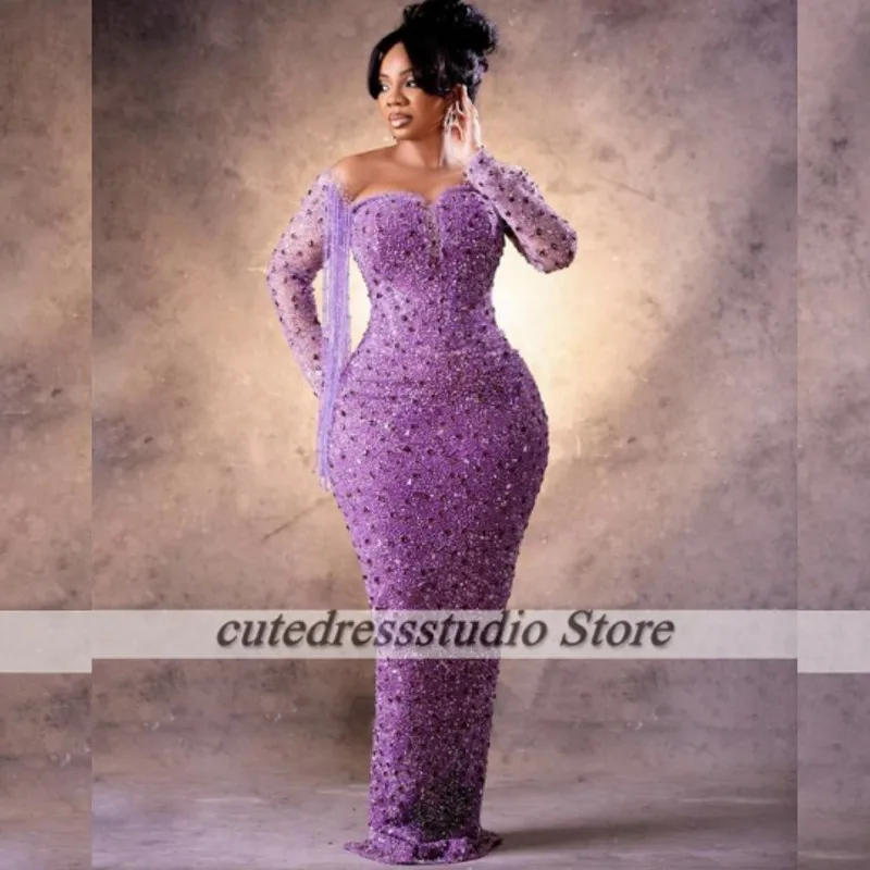 Luxury Nigerian Plus Size Evening Dresses Long Sleeves Beading Purple Mermiad Wedding Party Gowns Aso Ebi Special Occasion Dress