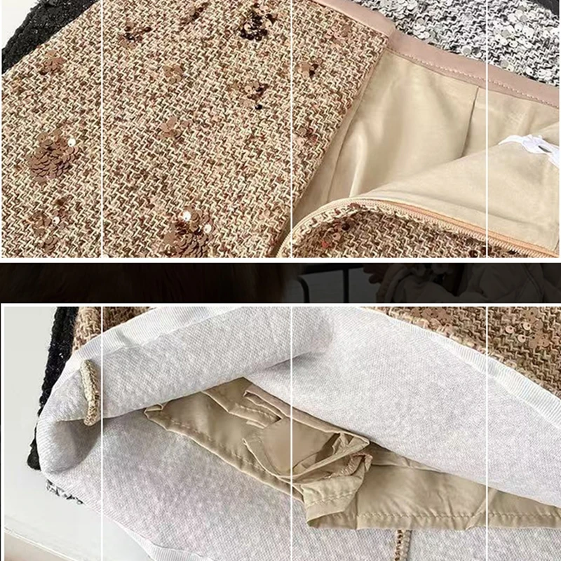 กระโปรงขนสัตว์ปักเลื่อมสำหรับฤดูใบไม้ร่วงและฤดูหนาว แฟชั่นผู้หญิง สีพื้น เอวสูง กระชับรูปร่าง เหมาะสำหรับงานปาร์ตี้และคลับ กระโปรงสั้น