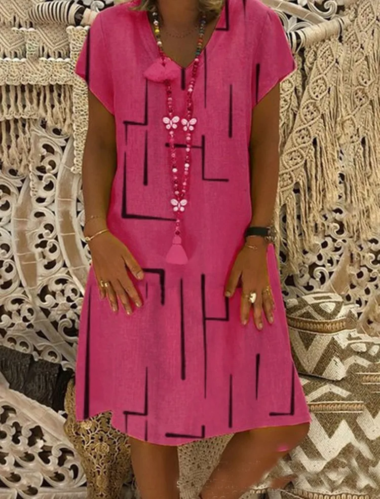 Sukienka z dekoltem w kształcie litery V, z krótkim rękawem, linia mody, schemat geometryczny