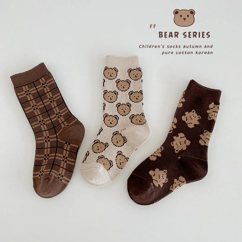 Calcetines hasta la pantorrilla para niños y niñas, medias cálidas y acogedoras de algodón con patrón de oso lindo, para otoño e invierno, novedad