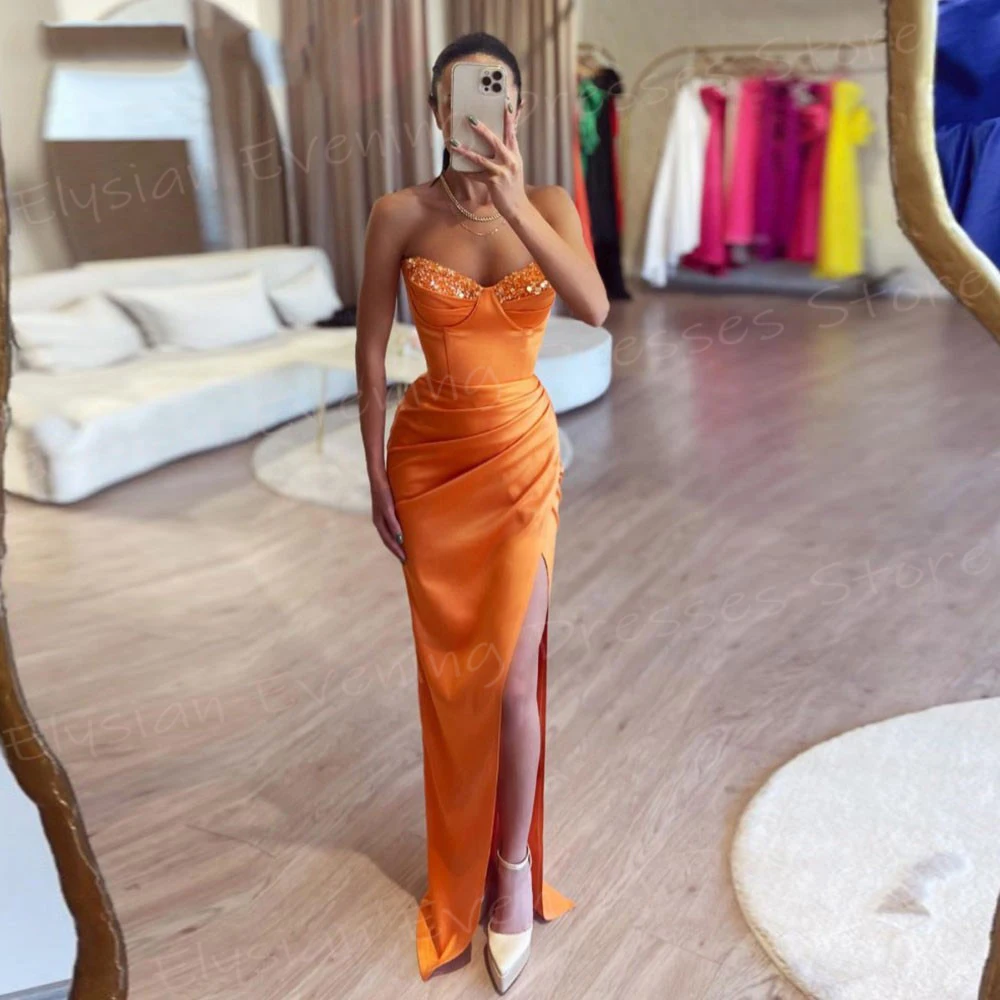 

Elegant Orange Women's Mermaid Sexy Evening Dresses Modern Strapless Prom Gowns Charming High Side Split فساتين سهرة شارون سعيد