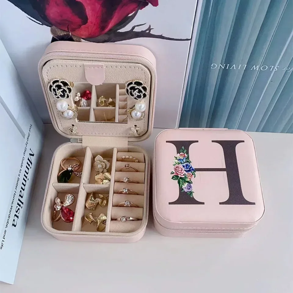 Flower&alphabet Jewelry Box Ring Boxes Travel Leather Jewellery Case Letter Print Bridesmaid Proposal Birthday Christmas Gift