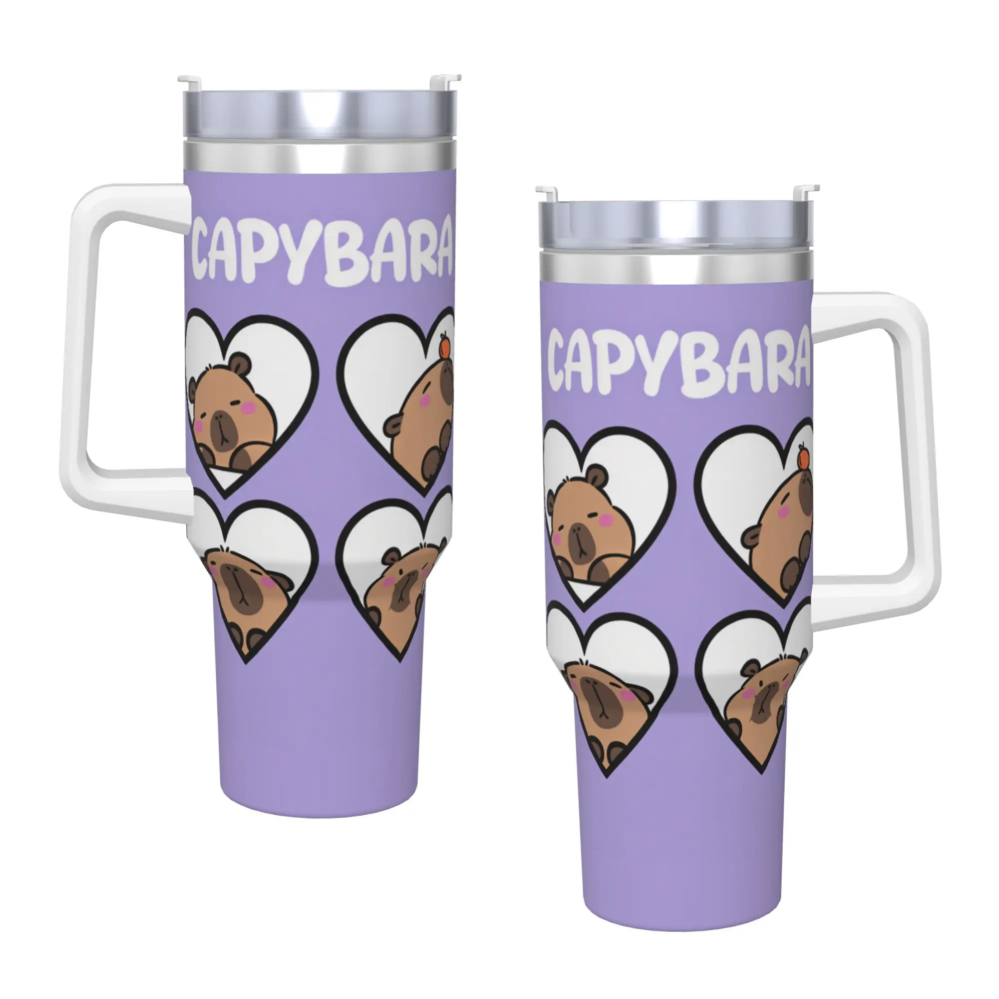 Four Heart Frame Capybara Face Purple Background Capybara Text Cartoon Tumbler  Cold Drink Water Bottle Insulated Stainless Cups
