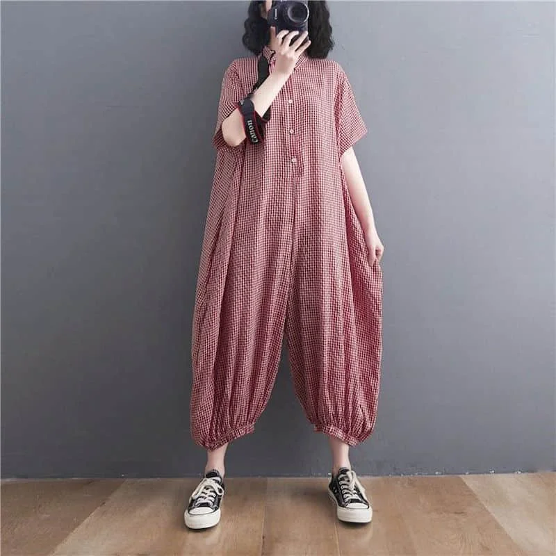 Baumwolle Leinen Overalls lässig Sommer Polo-Ausschnitt Plaid Kurzarm koreanische Mode einteilige Outfits Frauen Kleidung lose Stram pler