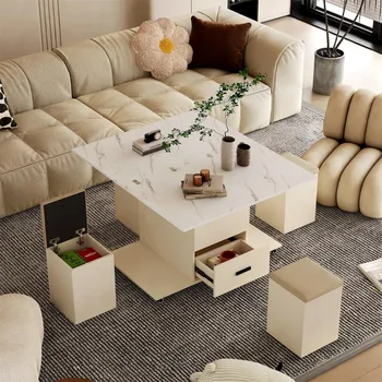 Image Modern Coffee Table with Adjustable Top and 4 Chairs, Expandable Dining Table with 1 Hidden Storage Space and 2Drawers Furniture