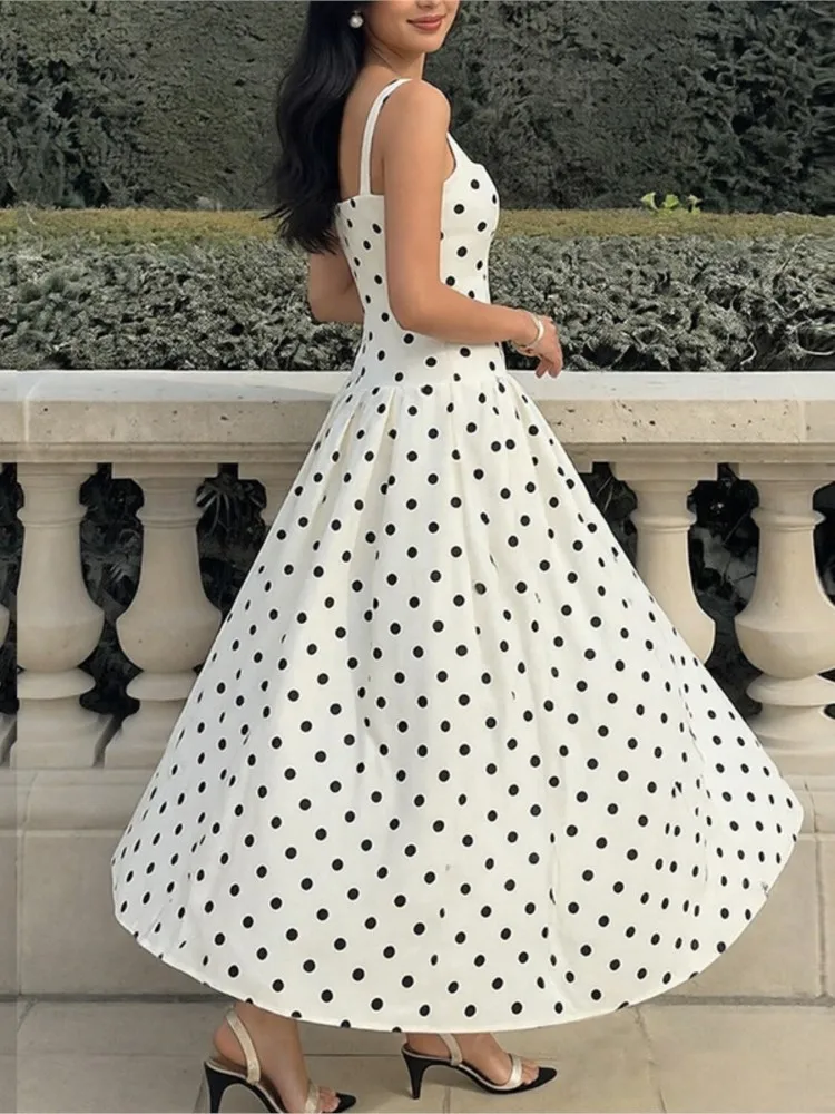 Nieuwe zomer elegante dames polka dot spaghetti boho maxi-jurk, vintage vloeiende lange jurk, chique vakantie strandfeest vestidos