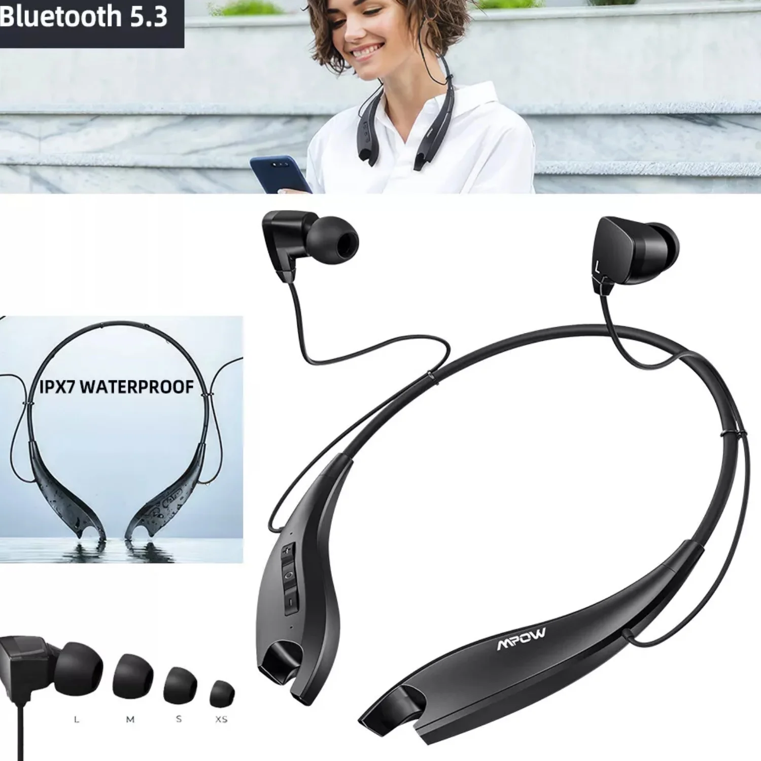 Mpow Jaws Gen-5 Bluetooth Headphones 24 Hrs Playtime,Bluetooth Neckband Headphones w/Call Vibrate & CVC 6.0 Noise Cancelling Mic