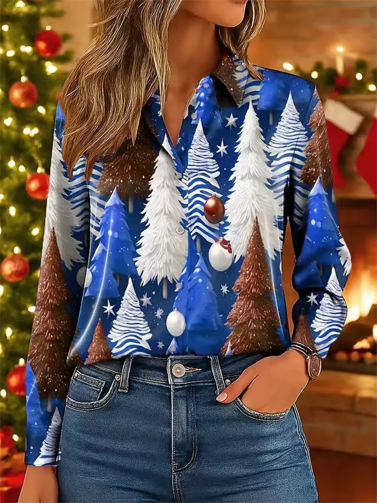 2025 feminino 3d árvore de natal impressão camisa elegante moda blusa de manga longa casual botão laclle festa wear outono noite topos