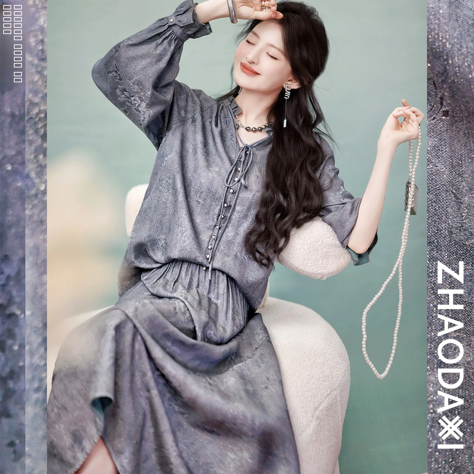 

Zhaodaxi Double-Sided Wear True Silk Gold Tead Heritage Line Women's irt Simple Commute Sle Long Sve V-Ne Spring 2025