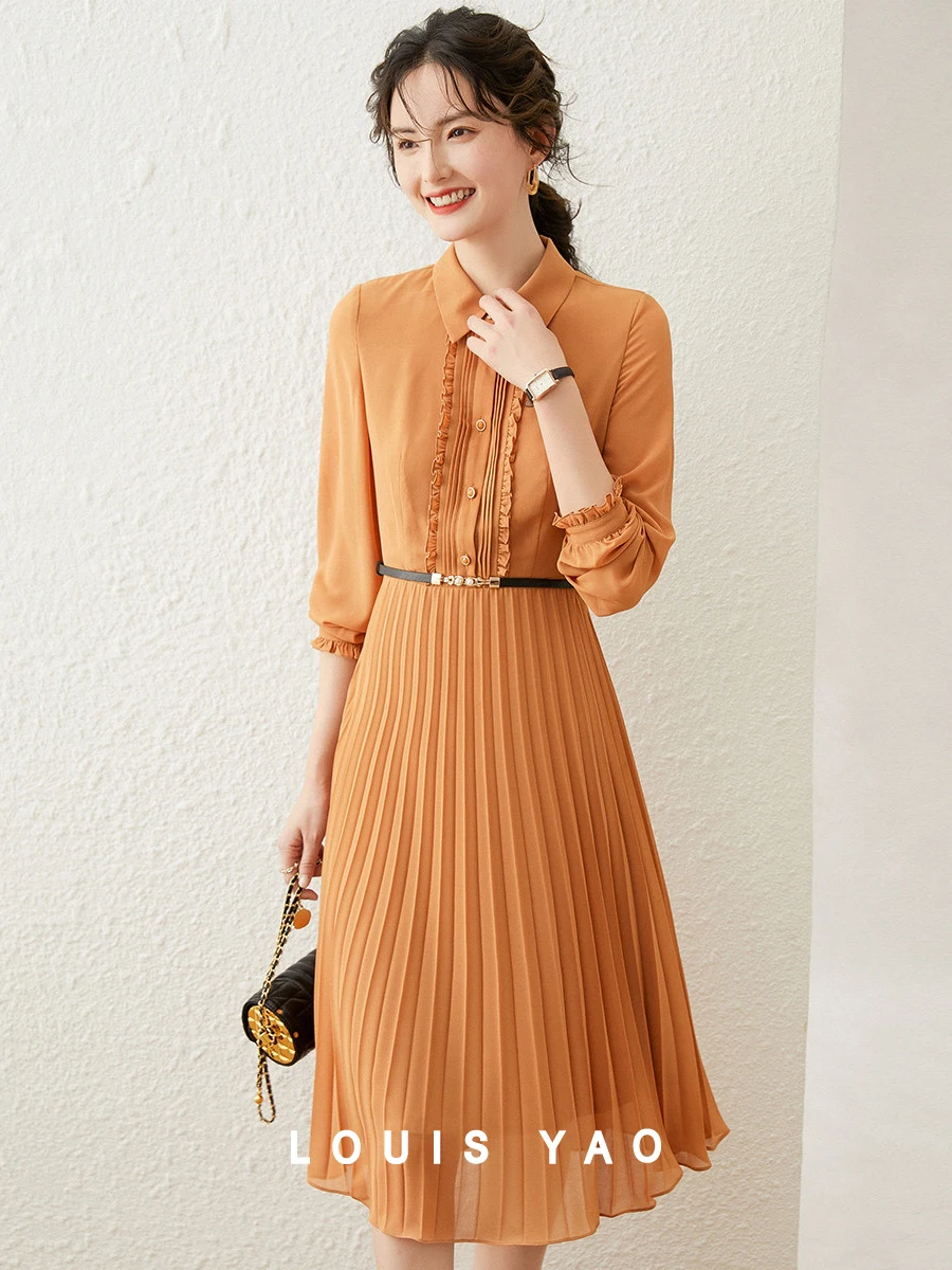 LOUIS YAO Women Long Dress Turn-down Collar Stringy Selvedge Pleated Dress Elegant Long Sleeve With Belt Autumn and Spring Dress