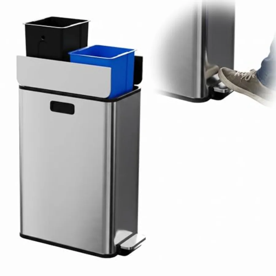 

15-Gallon Dual Trash Can, Step-On Pedal Kitchen Trash Bin with Butterfly Lid, Odor-Proof Stainless Steel Large Trash Recycle Bi